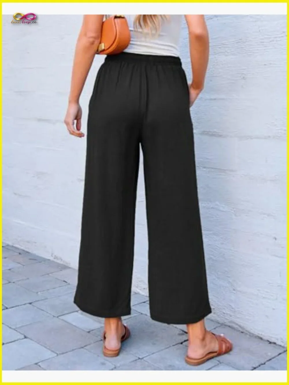 Linen Blend Wide Leg Capri Pants High Waisted Elastic Casual Boho Chic